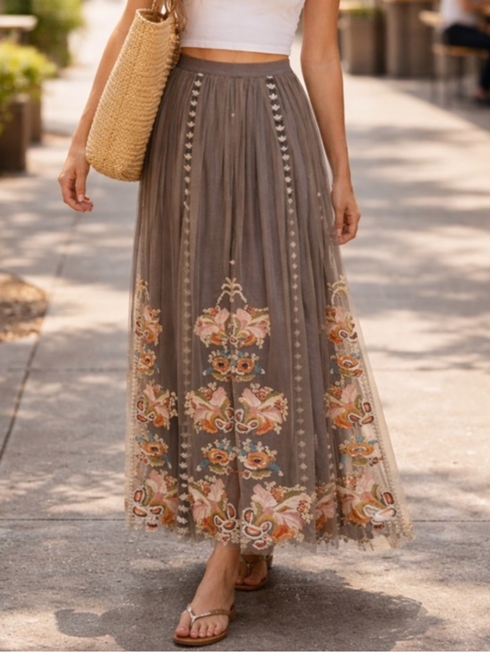 SUNDANCE Adorabella Mesh Floral Embroidered Maxi Skirt M